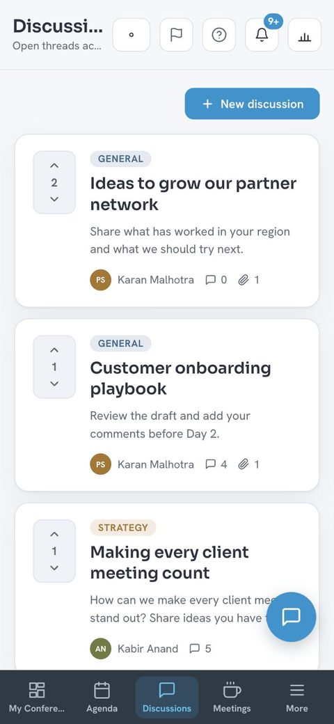 Discussions screen with upvotes