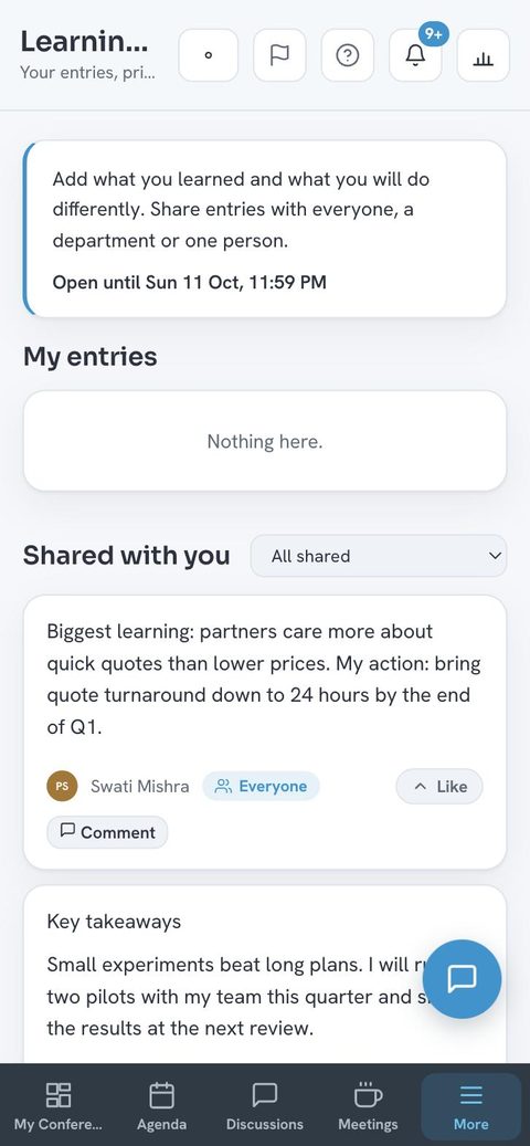 Learnings & Actions screen with shared commitments