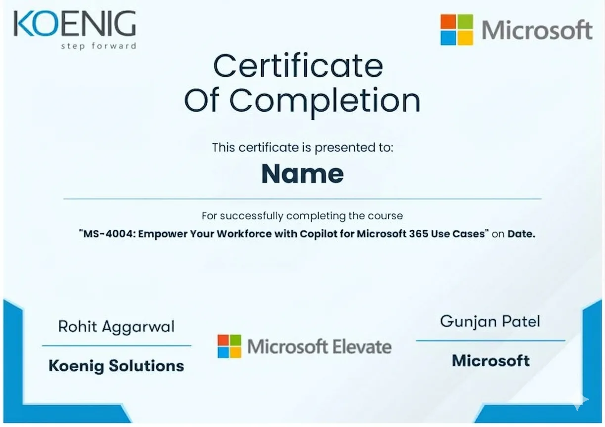 Sample Microsoft Azure Administrator (AZ-104) certification issued by Koenig Solutions &mdash; official Microsoft Authorized Learning Partner