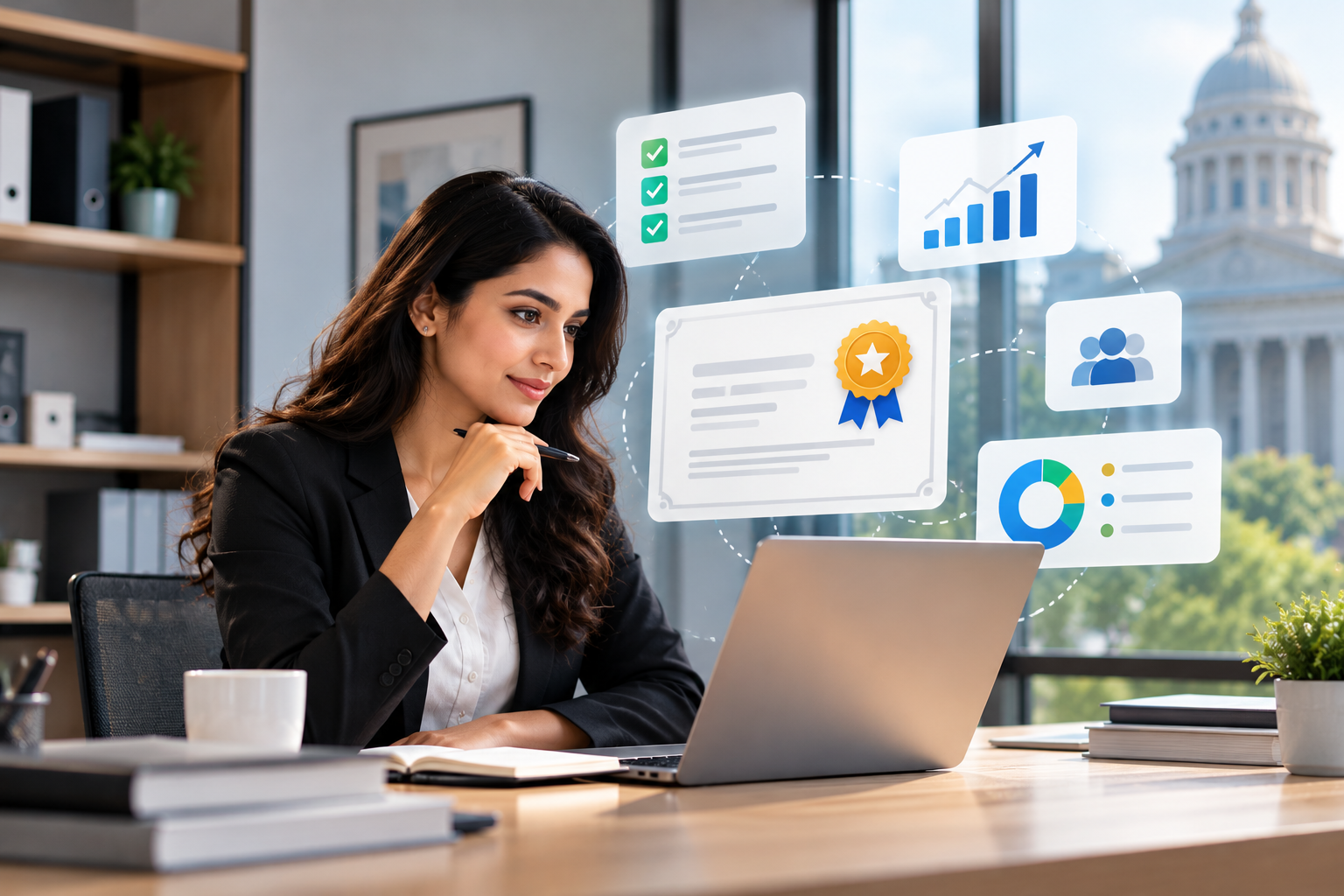 A professional at a laptop with certification badge, checklists and learning analytics charts
